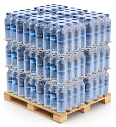 Shrink-Wrapped Single-Serving Bottles of Bottled Water on Pallet