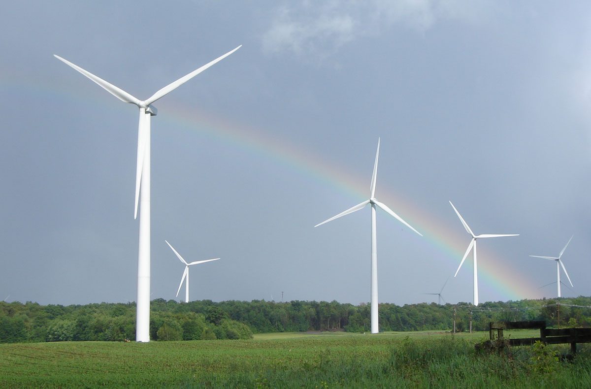 Wind Turbines with a Rainbow in the Background
