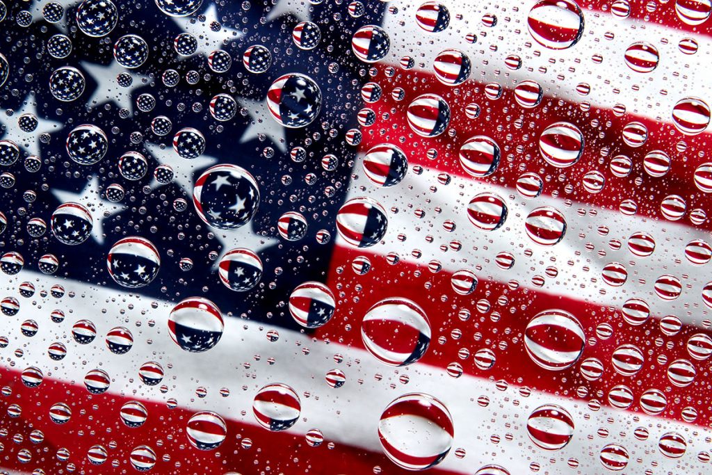Part of an American Flag Reflected in Waterdrops
