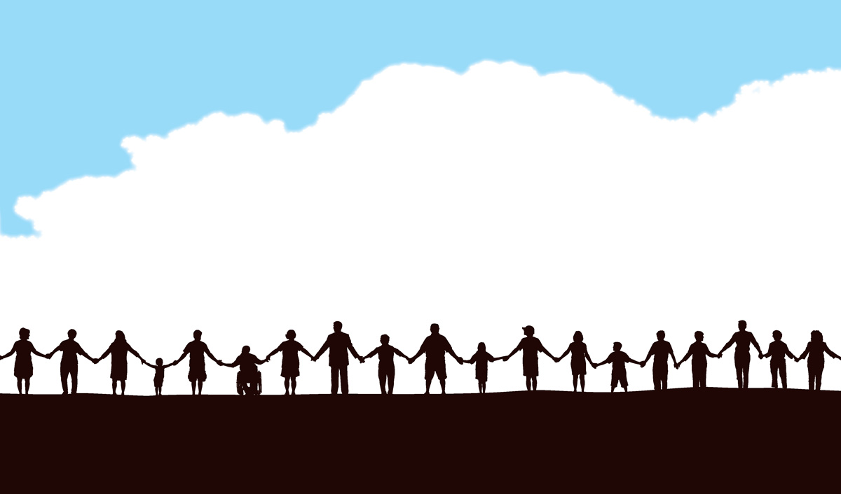 Silhouette illustration of a row of people holding hands against blue sky